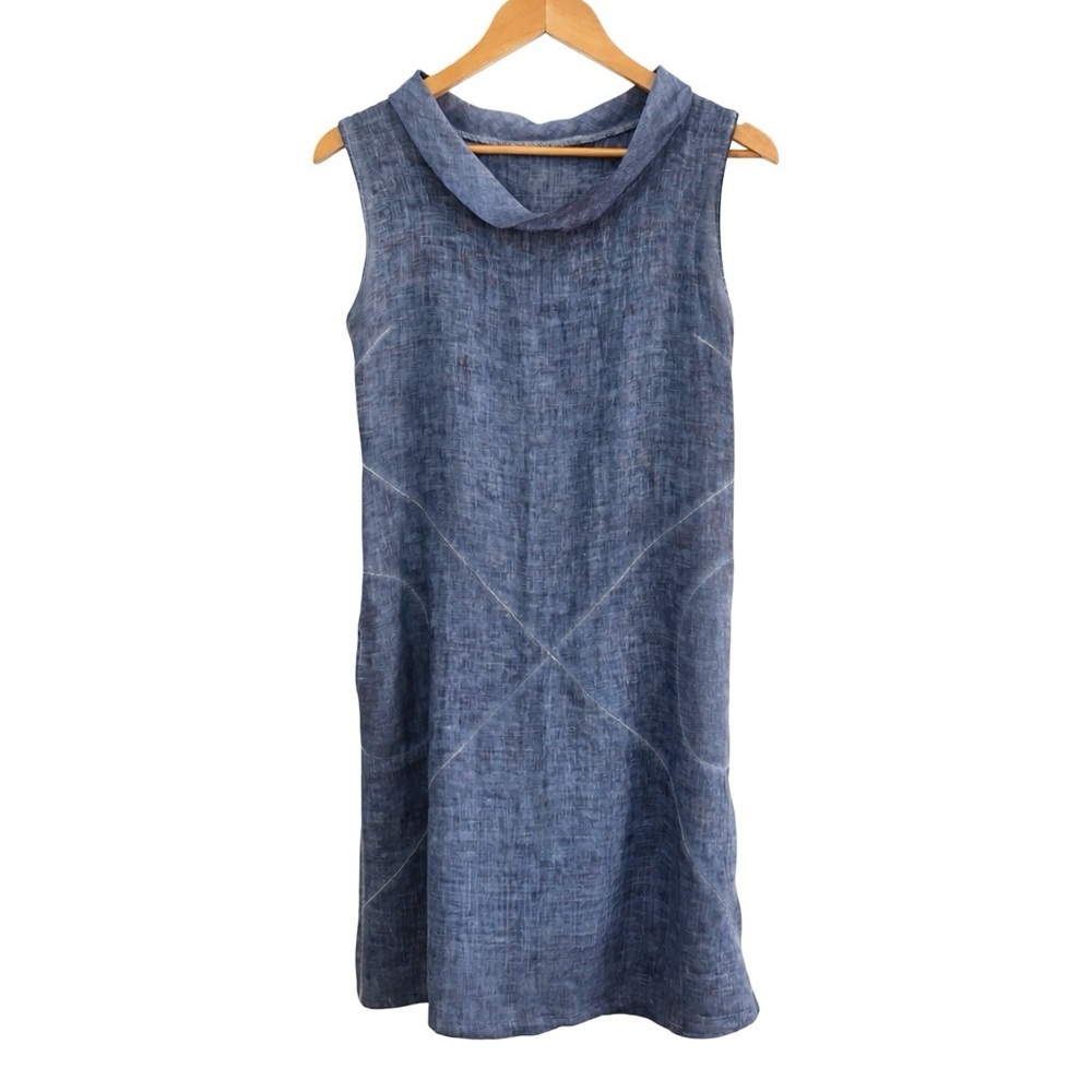 100% Linen Made in Italy Midi Sleeveless Blue Linen Shift Dress Sz M Unbranded